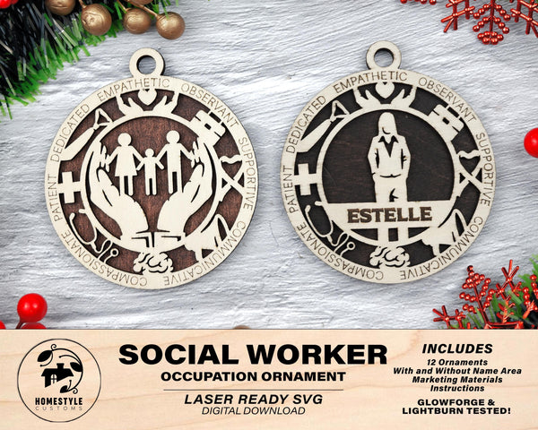 Social Worker - Occupational Ornaments - Contains 6 Ornaments Male and Female - Custom area - SVG, PDF, AI Files - Works on all Lasers