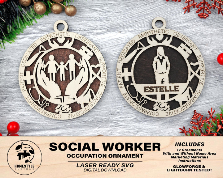 Social Worker - Occupational Ornaments - Contains 6 Ornaments Male and Female - Custom area - SVG, PDF, AI Files - Works on all Lasers