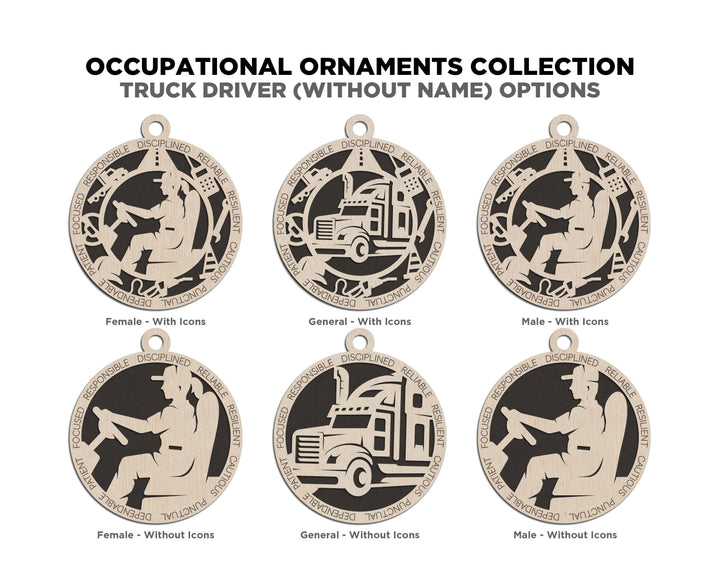 Truck Driver - Occupational Ornaments - Contains 6 Ornaments Male and Female - Custom area - SVG, PDF, AI Files - Works on all Lasers