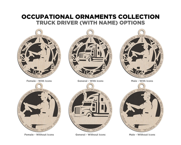 Truck Driver - Occupational Ornaments - Contains 6 Ornaments Male and Female - Custom area - SVG, PDF, AI Files - Works on all Lasers
