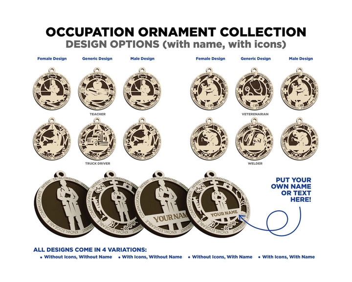 The Occupational Ornaments - 44 occupations in 3 Styles and Male and Female - SVG, PDF, AI File Download - Works on all Lasers