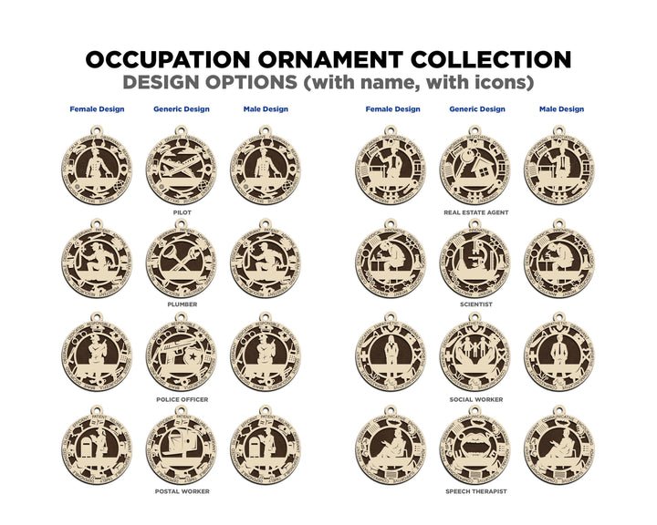 The Occupational Ornaments - 44 occupations in 3 Styles and Male and Female - SVG, PDF, AI File Download - Works on all Lasers