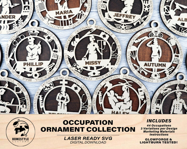 The Occupational Ornaments - 44 occupations in 3 Styles and Male and Female - SVG, PDF, AI File Download - Works on all Lasers