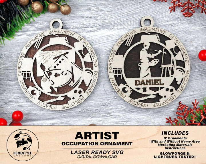 Artist - Occupational Ornaments - Contains 6 Ornaments Male and Female - Custom area - SVG, PDF, AI File Download - Works on all Lasers