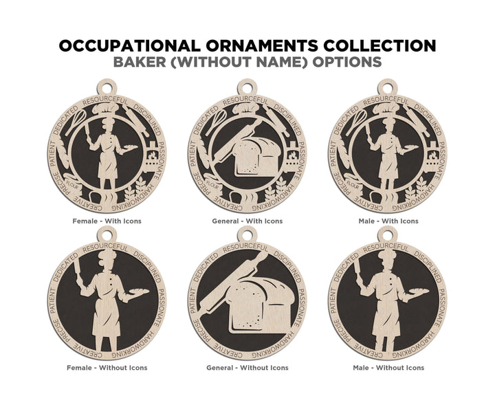 Baker - Occupational Ornaments - Contains 6 Ornaments Male and Female - Custom area - SVG, PDF, AI File Download - Works on all Lasers