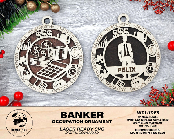 Banker - Occupational Ornaments - Contains 6 Ornaments Male and Female - Custom area - SVG, PDF, AI File Download - Works on all Lasers
