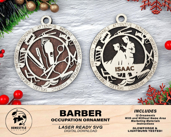 Barber - Occupational Ornaments - Contains 6 Ornaments Male and Female - Custom area - SVG, PDF, AI File Download - Works on all Lasers