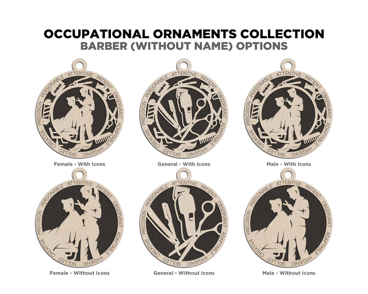 Barber - Occupational Ornaments - Contains 6 Ornaments Male and Female - Custom area - SVG, PDF, AI File Download - Works on all Lasers