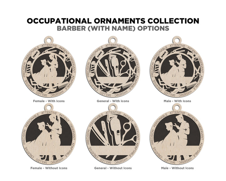 Barber - Occupational Ornaments - Contains 6 Ornaments Male and Female - Custom area - SVG, PDF, AI File Download - Works on all Lasers