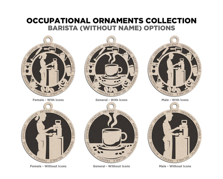 Barista - Occupational Ornaments - Contains 6 Ornaments Male and Female - Custom area - SVG, PDF, AI File Download - Works on all Lasers