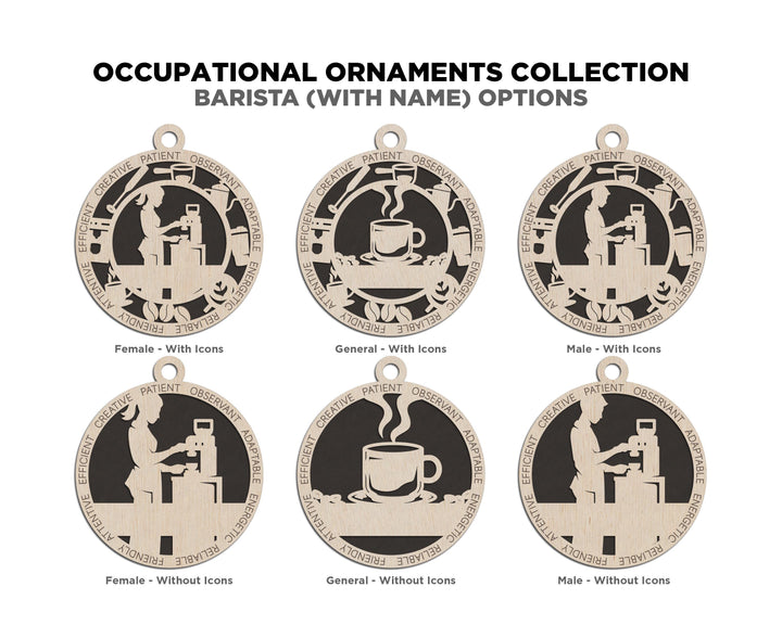 Barista - Occupational Ornaments - Contains 6 Ornaments Male and Female - Custom area - SVG, PDF, AI File Download - Works on all Lasers