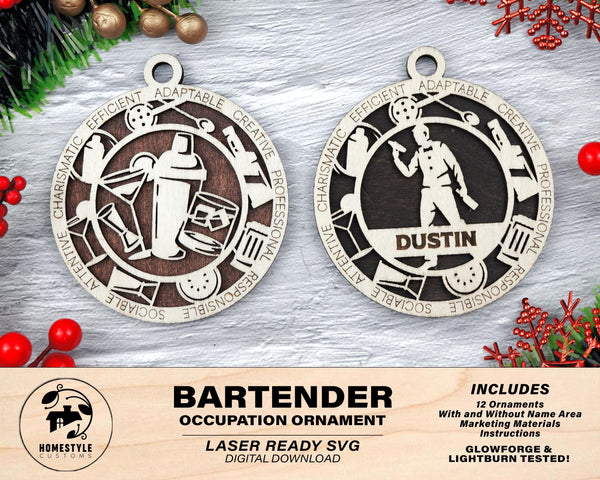 Bartender - Occupational Ornaments - Contains 6 Ornaments Male and Female - Custom area - SVG, PDF, AI File Download - Works on all Lasers