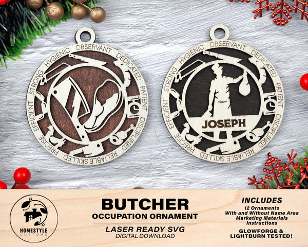 Butcher - Occupational Ornaments - Contains 6 Ornaments Male and Female - Custom area - SVG, PDF, AI File Download - Works on all Lasers