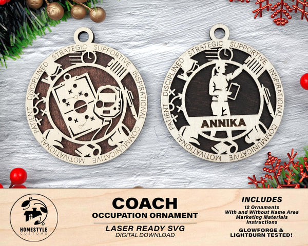 Coach - Occupational Ornaments - Contains 6 Ornaments Male and Female - Custom area - SVG, PDF, AI File Download - Works on all Lasers