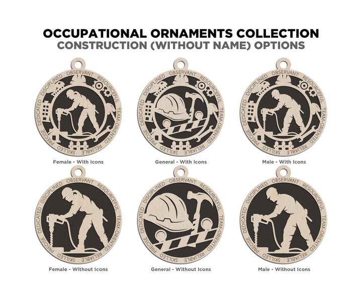 Construction - Occupational Ornaments - Contains 6 Ornaments Male and Female - Custom area - SVG, PDF, AI Files - Works on all Lasers