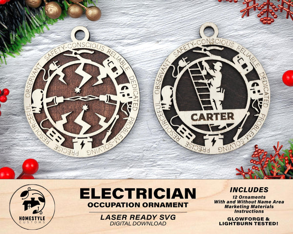 Electrician - Occupational Ornaments - Contains 6 Ornaments Male and Female - Custom area - SVG, PDF, AI Files - Works on all Lasers