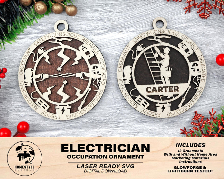 Electrician - Occupational Ornaments - Contains 6 Ornaments Male and Female - Custom area - SVG, PDF, AI Files - Works on all Lasers
