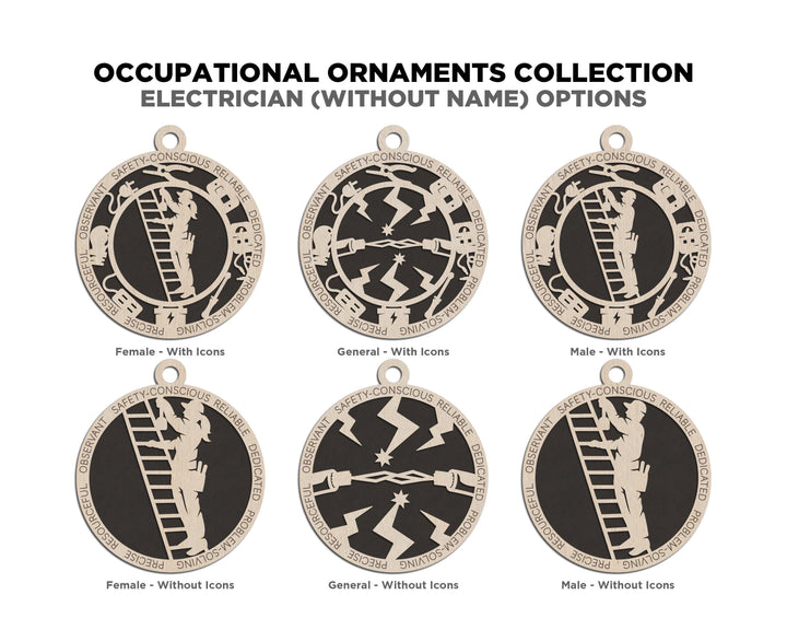 Electrician - Occupational Ornaments - Contains 6 Ornaments Male and Female - Custom area - SVG, PDF, AI Files - Works on all Lasers