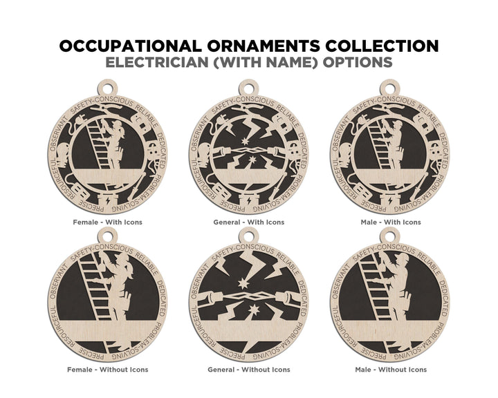 Electrician - Occupational Ornaments - Contains 6 Ornaments Male and Female - Custom area - SVG, PDF, AI Files - Works on all Lasers