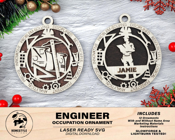Engineer - Occupational Ornaments - Contains 6 Ornaments Male and Female - Custom area - SVG, PDF, AI Files - Works on all Lasers