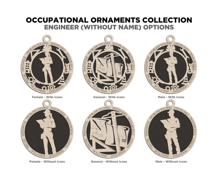 Engineer - Occupational Ornaments - Contains 6 Ornaments Male and Female - Custom area - SVG, PDF, AI Files - Works on all Lasers