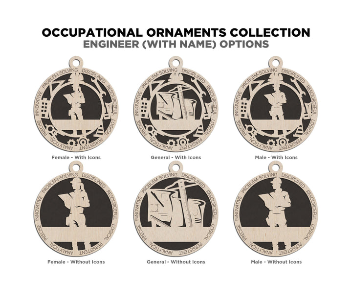 Engineer - Occupational Ornaments - Contains 6 Ornaments Male and Female - Custom area - SVG, PDF, AI Files - Works on all Lasers