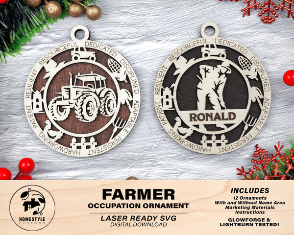 Farmer - Occupational Ornaments - Contains 6 Ornaments Male and Female - Custom area - SVG, PDF, AI Files - Works on all Lasers