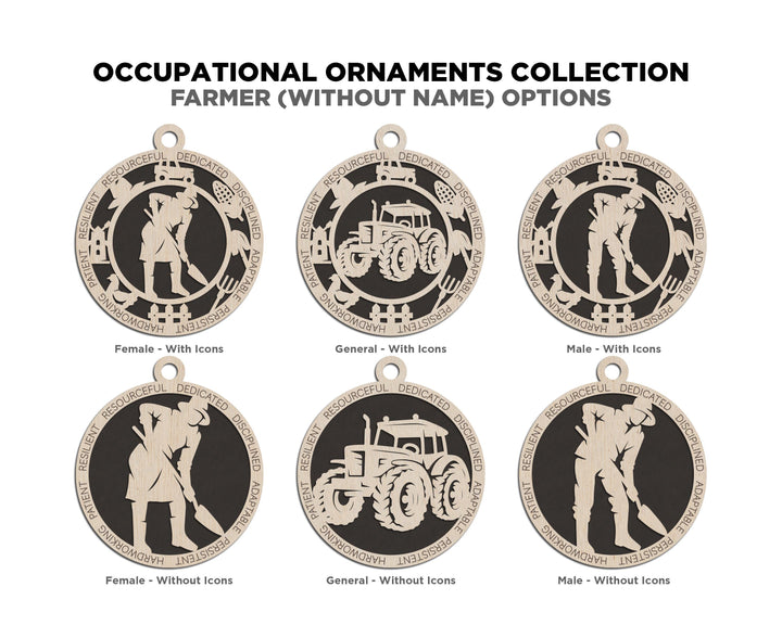 Farmer - Occupational Ornaments - Contains 6 Ornaments Male and Female - Custom area - SVG, PDF, AI Files - Works on all Lasers