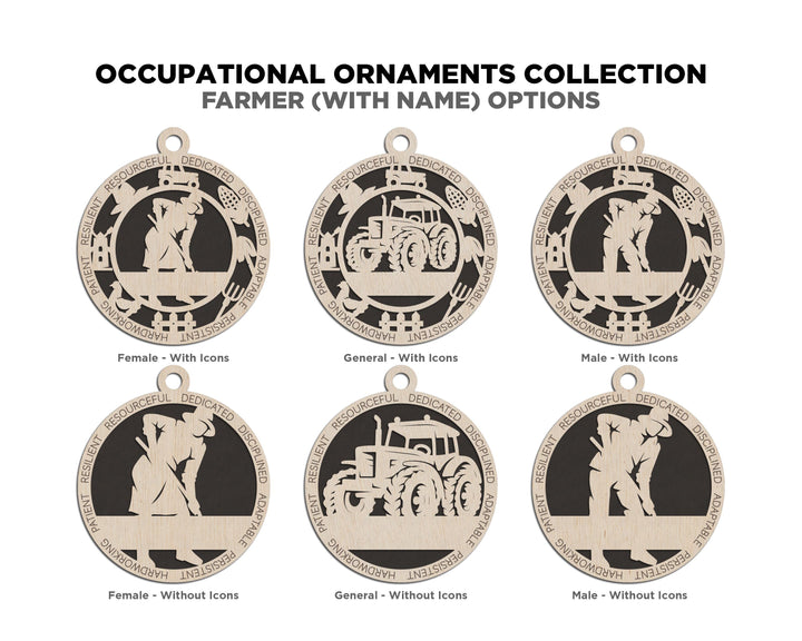 Farmer - Occupational Ornaments - Contains 6 Ornaments Male and Female - Custom area - SVG, PDF, AI Files - Works on all Lasers