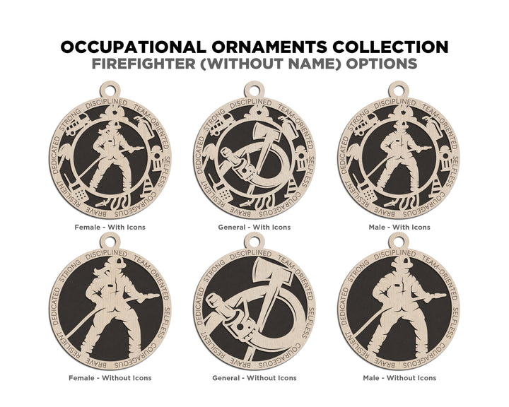 Firefighter - Occupational Ornaments - Contains 6 Ornaments Male and Female - Custom area - SVG, PDF, AI Files - Works on all Lasers
