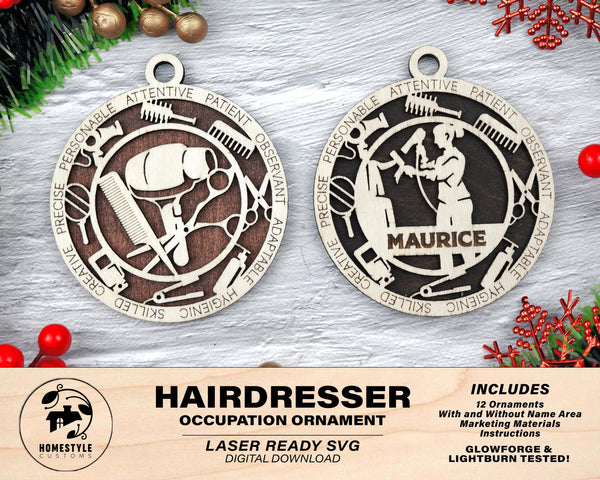 Hairdresser - Occupational Ornaments - Contains 6 Ornaments Male and Female - Custom area - SVG, PDF, AI Files - Works on all Lasers