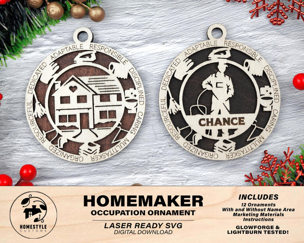 Homemaker - Occupational Ornaments - Contains 6 Ornaments Male and Female - Custom area - SVG, PDF, AI Files - Works on all Lasers
