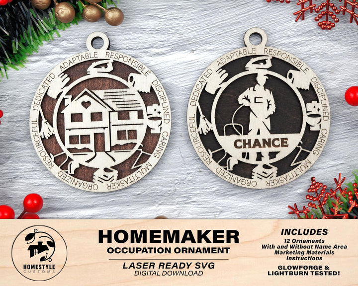 Homemaker - Occupational Ornaments - Contains 6 Ornaments Male and Female - Custom area - SVG, PDF, AI Files - Works on all Lasers