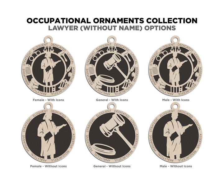 Lawyer - Occupational Ornaments - Contains 6 Ornaments Male and Female - Custom area - SVG, PDF, AI File Types - Works on all Lasers