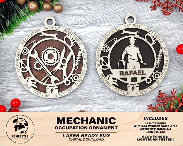 Mechanic - Occupational Ornaments - Contains 6 Ornaments Male and Female - Custom area - SVG, PDF, AI File Types - Works on all Lasers