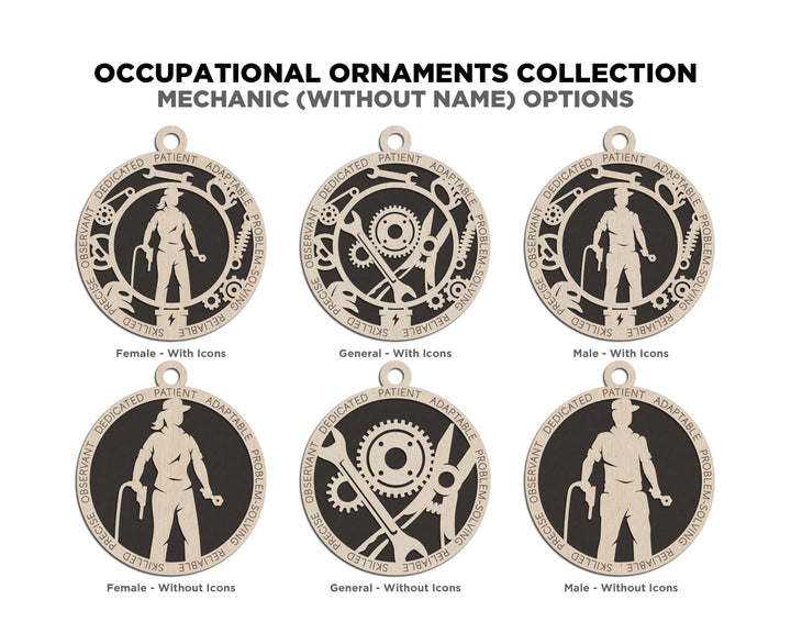 Mechanic - Occupational Ornaments - Contains 6 Ornaments Male and Female - Custom area - SVG, PDF, AI File Types - Works on all Lasers