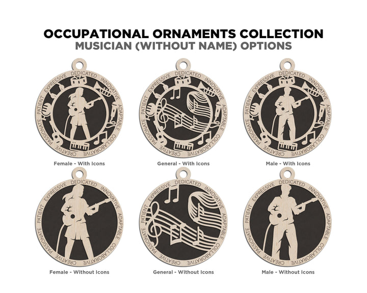 Musician - Occupational Ornaments - Contains 6 Ornaments Male and Female - Custom area - SVG, PDF, AI File Types - Works on all Lasers