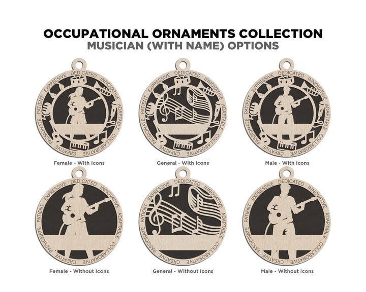 Musician - Occupational Ornaments - Contains 6 Ornaments Male and Female - Custom area - SVG, PDF, AI File Types - Works on all Lasers
