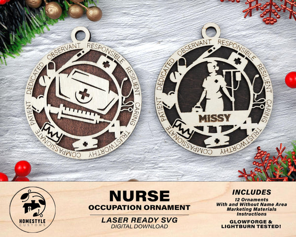 Nurse - Occupational Ornaments - Contains 6 Ornaments Male and Female - Custom area - SVG, PDF, AI File Types - Works on all Lasers