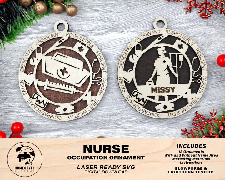 Nurse - Occupational Ornaments - Contains 6 Ornaments Male and Female - Custom area - SVG, PDF, AI File Types - Works on all Lasers