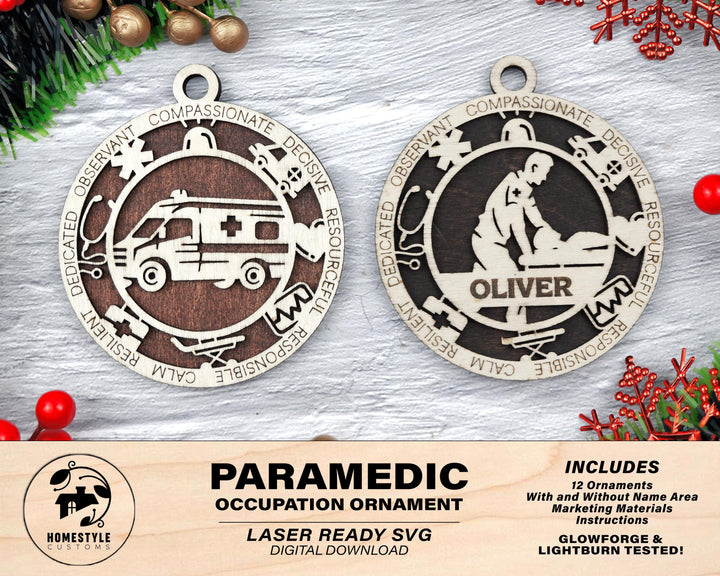 Paramedic - Occupational Ornaments - Contains 6 Ornaments Male and Female - Custom area - SVG, PDF, AI File Types - Works on all Lasers
