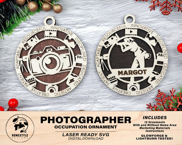 Photographer - Occupational Ornaments - Contains 6 Ornaments Male and Female - Custom area - SVG, PDF, AI File Types - Works on all Lasers