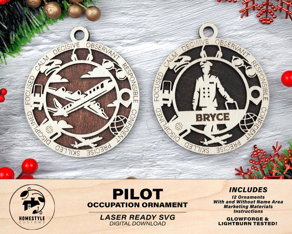 Pilot - Occupational Ornaments - Contains 6 Ornaments Male and Female - Custom area - SVG, PDF, AI Files - Works on all Lasers
