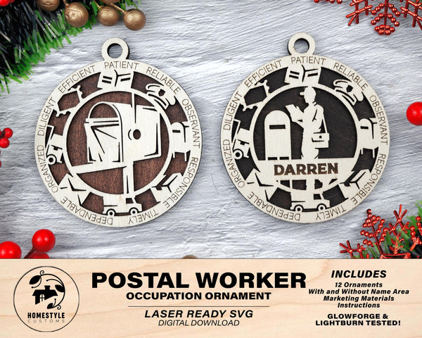 Postal Worker - Occupational Ornaments - Contains 6 Ornaments Male and Female - Custom area - SVG, PDF, AI Files - Works on all Lasers