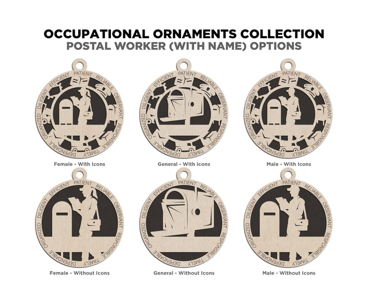 Postal Worker - Occupational Ornaments - Contains 6 Ornaments Male and Female - Custom area - SVG, PDF, AI Files - Works on all Lasers