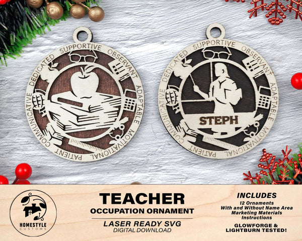 Teacher - Occupational Ornaments - Contains 6 Ornaments Male and Female - Custom area - SVG, PDF, AI Files - Works on all Lasers