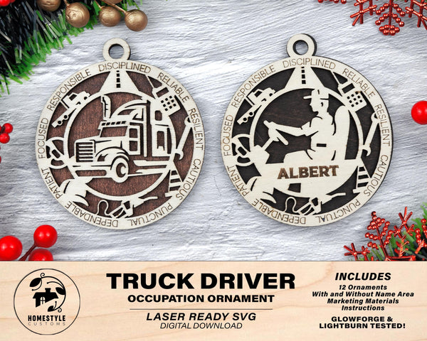 Truck Driver - Occupational Ornaments - Contains 6 Ornaments Male and Female - Custom area - SVG, PDF, AI Files - Works on all Lasers