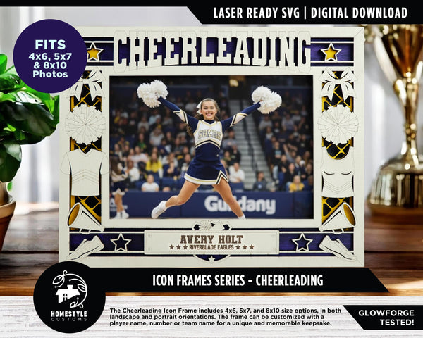 Cheerleading Icon Frames - Includes Frame Sizes 4x6, 5x7, 8x10 in Landscape and Portrait - Works with all Lasers