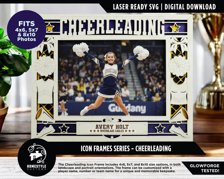Cheerleading Icon Frames - Includes Frame Sizes 4x6, 5x7, 8x10 in Landscape and Portrait - Works with all Lasers
