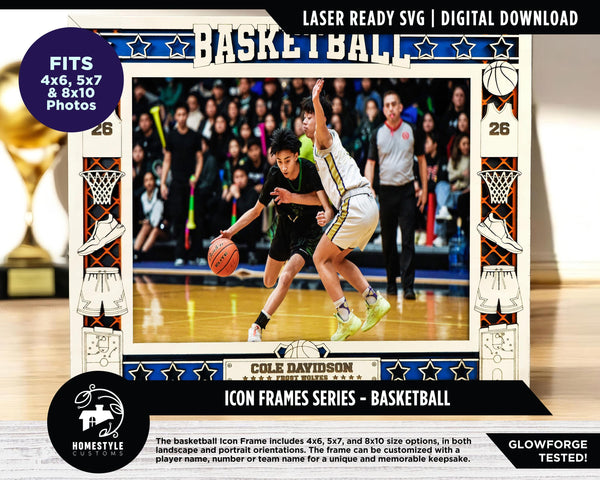 Basketball Icon Frames - Includes Frame Sizes 4x6, 5x7, 8x10 in Landscape and Portrait - Works with all Lasers